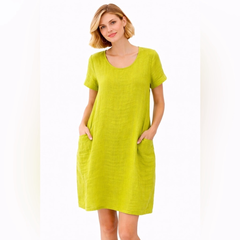 MARIE LA LUNE 85% Linen 15% cotton Bright Lime Green dress with Pockets NWT